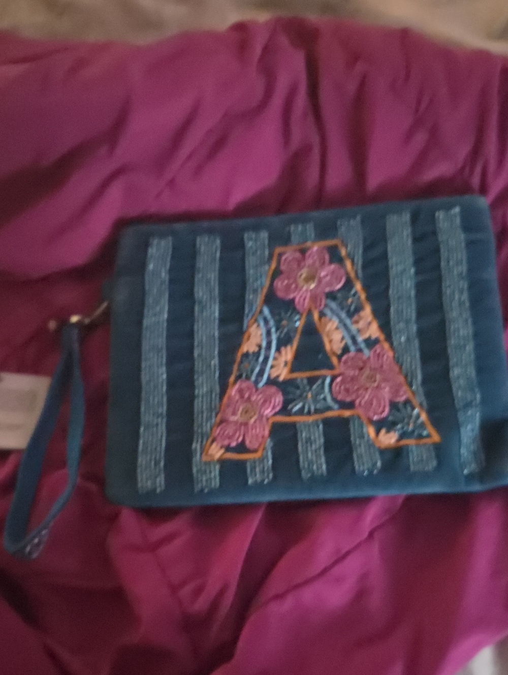 Monogram A Embroidered Blue Wristlet Clutch